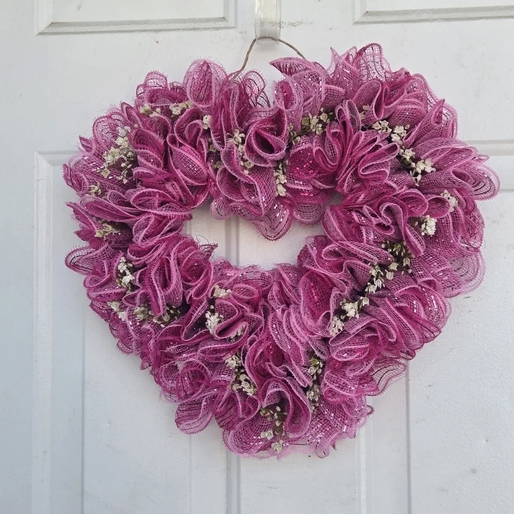 Handmade heart-shaped pink wreath, pink deco mesh Valentine's Day wreath
